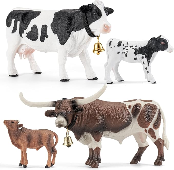 4PCS Cows Bulls Longhorn Farm Animal Figurines Toys for Kids, Plastic Cow Farm Animals Figures for Boys Girls Include White Holstein & Texas Longhorn and 2 Calfs, Cake Toppers Party Favors