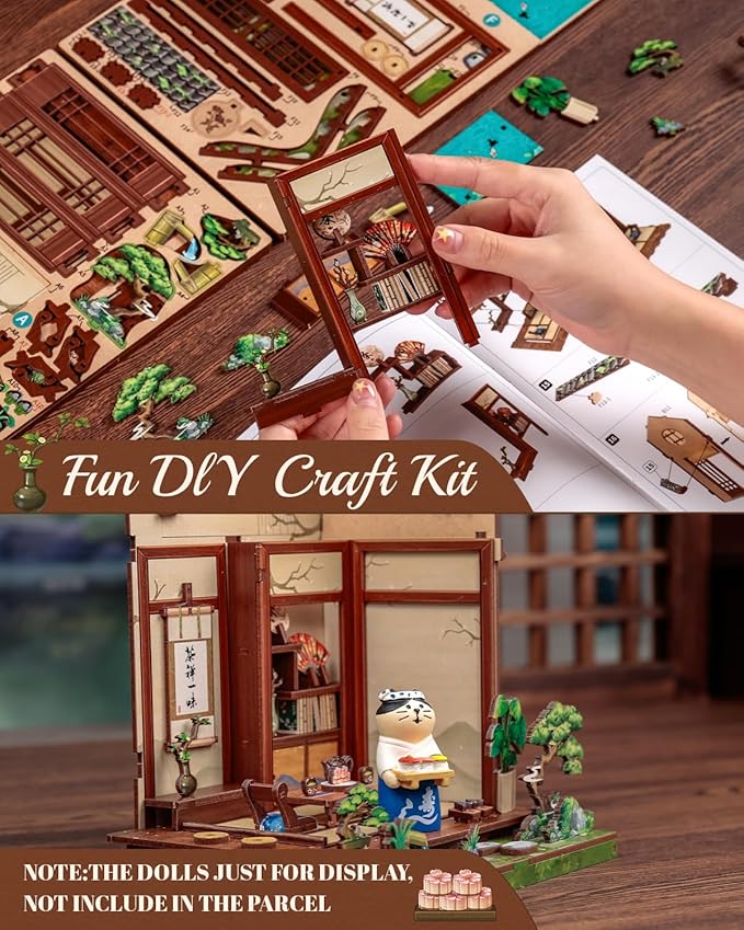Cutefun Book Nook Kit - DIY Miniature House Kit for Adults, Teens and Beginners, Japanese Tea Room Booknook Tiny House Bookshelf Decor 3D Wooden Puzzles, Gifts for Friends and Family (Tea House)