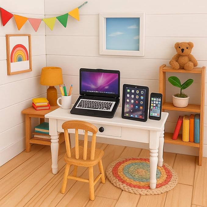 3-Piece Dollhouse Miniature Black Office Set with Metal Laptop Tablet and Smartphone for 1/6 1/12 Scale Tiny Doll House Furniture Toy Accessories Mini Party Decor DIY Project
