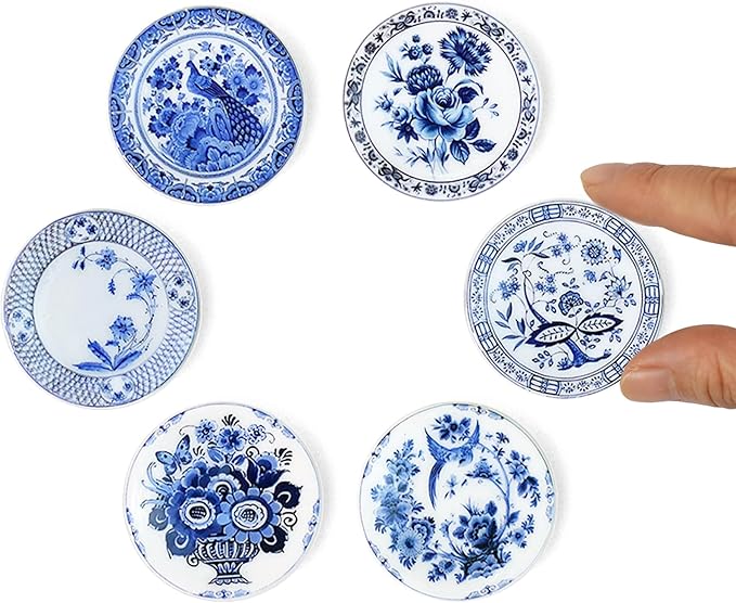 6PCS Handcrafted Miniature Ceramic Plates in 1:12 or 1:6 Scale, Vintage Porcelain Playhouse Dishes (Blue-White A, 4CM)