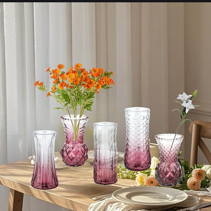 Glass Bud Vase Set of 5: Eylkoi Pink Vases for Centerpieces Decorative, Vintage Embossed in Bulk Crystal Textured Cute, Wedding Decor Mini Flower Floral Vase for Rustic Wedding, Home Table, Party