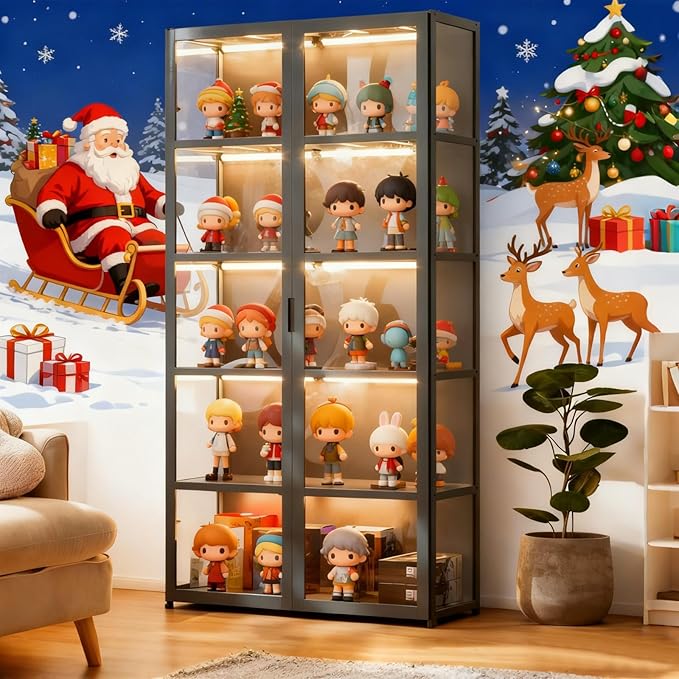 5-Tier Curio Display Cabinet with Acrylic Doors - 64” Transparent Display Case for Figures, Display Shelves for Collectibles & Storage Cabinets for Home, Office, Playroom, Living Room, Grey