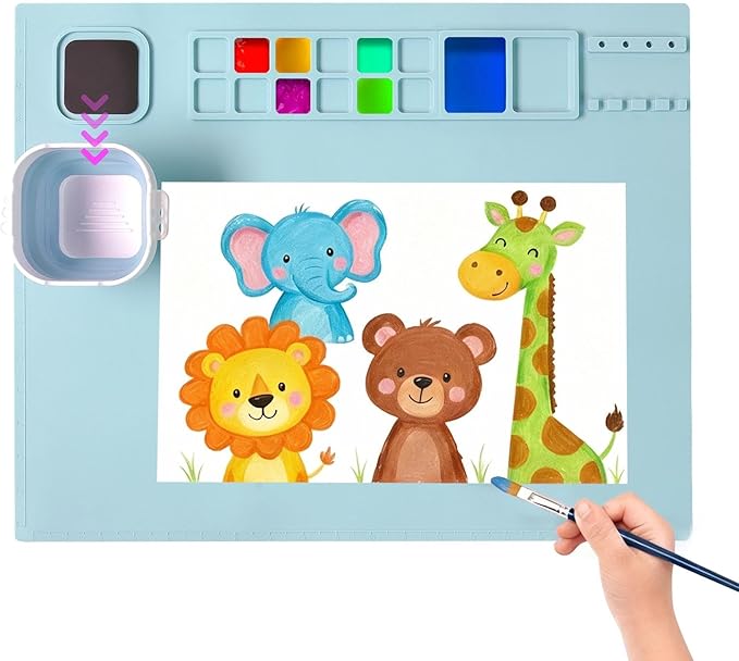 AWOKE Silicone Painting Mat - 20"X16" Silicone Art Mat with 1 Water Cup for Kids - Craft Mat has12 Color Dividers - 2 Paint Dividers (Blue),Toddler Activities,3 4 5 Year Old Girl Boy Birthday Gifts