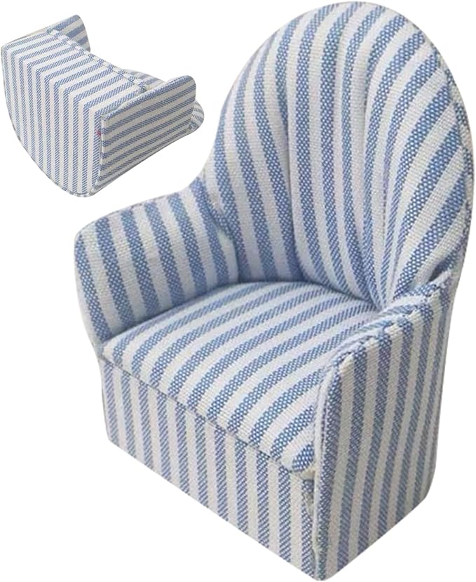 Dollhouse Sofa Blue Striped 1:12 Scale Simulation Miniature Dollhouse Couch DIY Single Doll Couch Furniture..