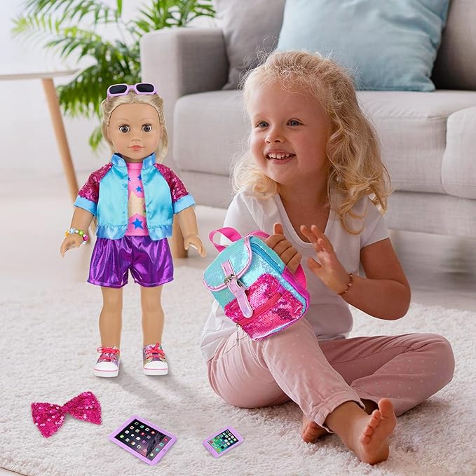 American 18 Inch Doll Clothes Set & Accessories Kit - 3-Piece Outfits with Shoes, Gradient Backpack, Hair Clip, Bracelet, Sunglasses, Toy Tablet & Phone for Kids