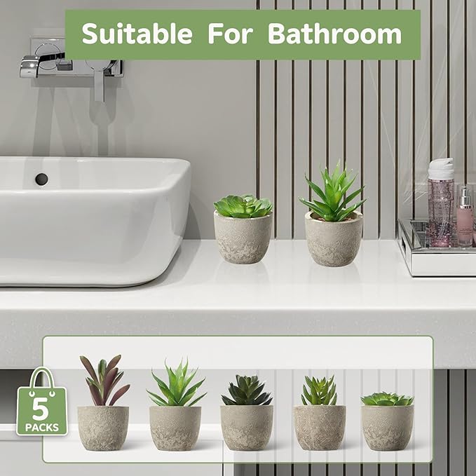 Dominow Artificial Succulent Plants in Pots, Set of 5 Mini Fake Succulents for Indoor Home Decor, Small Faux Potted Greenery for Office Desk, Shelf, Bathroom, or Modern Boho Rustic Room Decoration
