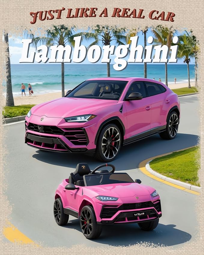 First Ride On Electric Car for Kids 12V Licensed Lamborghini Ride On Car with Remote Control, LED Lights, Music Players, Lockable Doors, Spring Suspension, Toddler Cars to Drive (Pink)