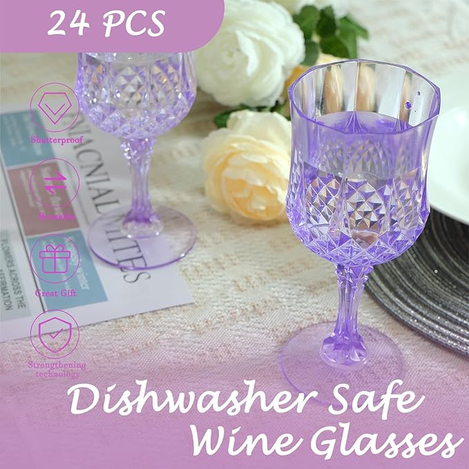 LEYIQU Plastic Wine Glasses, Plastic Goblets Vintage Style Cordial Drinking Glasses for Valentine’s Day, Wedding Reception, Grand Event Party Supplies (24, Purple)