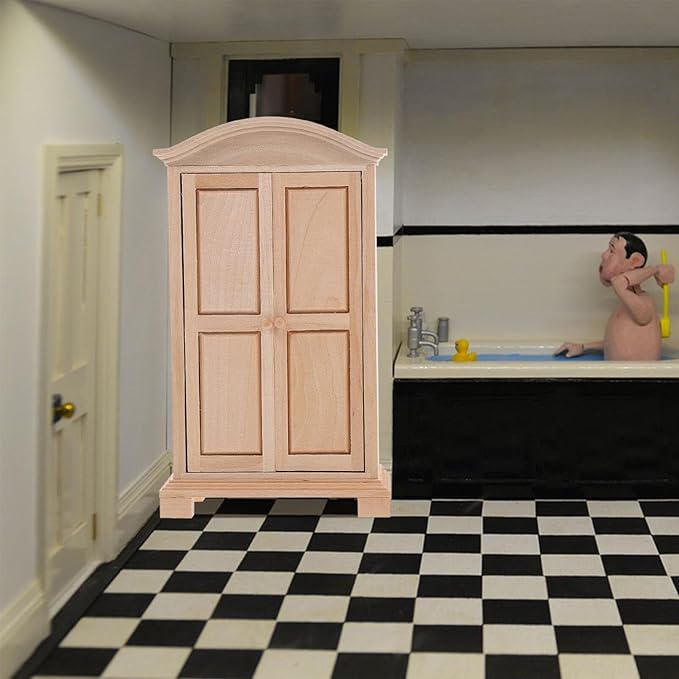 Abaodam Mini Wooden Wardrobe Model 1 12 Scale Doll House Furniture Double Door Closet Tiny Wardrobe for Dollhouse Decor and Accessories