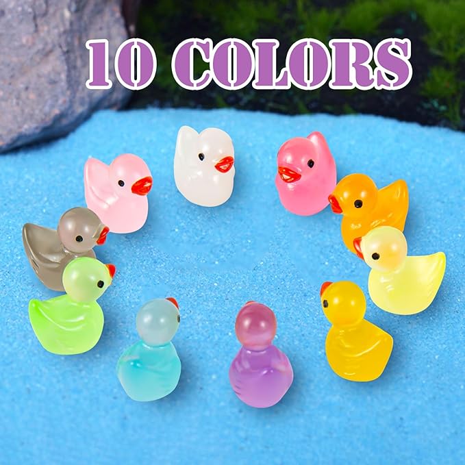 1000Pcs Luminous Mini Resin Duck Tiny Duck Figurine for Fairy Garden Landscape Aquarium Potted Plant Prank Game DIY Ornament Party to Hide, Miniature Dollhouse Accessories, Glow in The Dark, 10 Colors