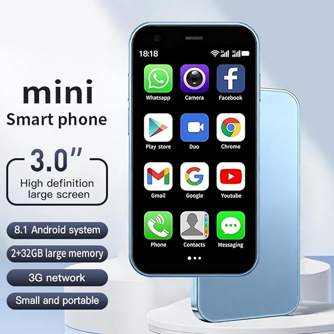 Mini Phone, 3.0 Inch Android Dual Camera Dual SIM, Mini Smartphone Unlocked, Face lD/WiFi/Bluetooth, Palm Phone for Kids, Student Pocket Cellphone,2GB +32GB (Far Sky Blue)