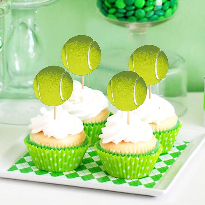 Ercadio 24 Pack Double Sided Tennis Cupcake Toppers Sports Ball Cupcake Picks Tennis Theme Birthday Cake Decorations for Baby Shower Kids Birthday Party Cake Decorations Supplies