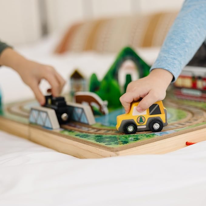 Melissa & Doug Take-Along Railroad Tabletop Playset with Wooden Train Toys, Animals & Scenery Play Pieces, Preschool Learning Toys for Girls & Boys 3+ - FSC Certified