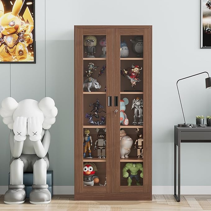 Display Cabinet with Glass Doors, Display Case Cabinet for Collectibles, Curio Display Cabinet with 4 Adjustable Shelves, 71" Glass Display Cabinet for Home Living Room (Wood Color)