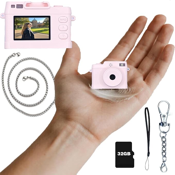 Mini Keychain Camera, Mini Digital Camera, 1080P Retro Camera with 32GB Card, Wide Angle Lens, LED Flash Light, Nostalgic Photos, Great Gift Idea (Pink)