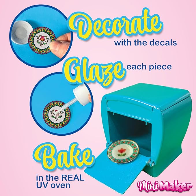 Mini Maker Tea Party Creations – Paint Your Own Tea Set with UV Oven – DIY Ceramic-Like Craft Kit for Girls – Decorate 30 Tableware Pieces, Decals & Glaze – Ages 6+