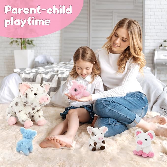 5Pcs Spotted Pig Stuffed Animal, 16“ Mommy Pig Plush with 4 Soft Cuddly Baby Pig Plushies in Mother Pig's Belly, Farm Animal Chirstmas Birthday Gift for Girls Boys Kids, Baby Shower Decor