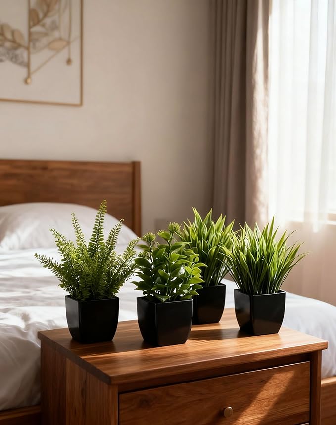 Kemaiyi 4 Pack Small Artificial Plants in Pots, Faux Mini Potted Fake Greenery Assortment for Home Office Desk Decor, Realistic Lifelike Plastic Foliage Indoor Outdoor Decoration