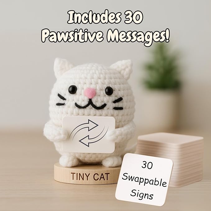 Cat Mom Gifts for Women - 30 Uplifting Affirmations from The Tiny Cat | Cats Lady Presents for Women, Funny Christmas or Birthday Gifts for Fur Mama Present Ideas | Handmade Positive Animal Crochet