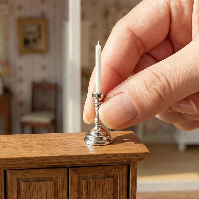 3PCS Vintage Miniature Candlesticks Set 1:12 Scale Metal Base Candle Holder for Miniature Room DIY Miniature Scene, or Desktop Display (Silver)