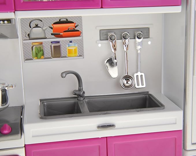 PowerTRC Doll Kitchen Play Set, Mini Modern Toy Kitchen Pretend Play Furnitures Toy Set Accessories Set with Realistic Light & Sound for Kids Toddlers Girls (3-in-1)