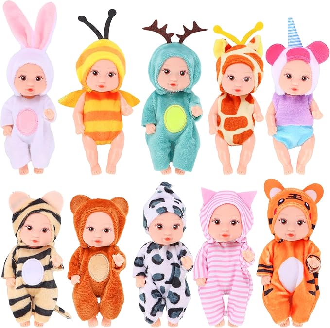 10 Pcs 4 Inch Mini Baby Dolls Playset Lifelike Realistic Baby Dolls with Handmade Animal Clothes Cute Small Baby Doll Gifts Set for Toddlers Girls Kids 3+