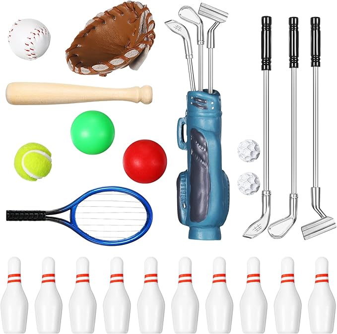 Skylety 23 Pieces Dollhouse Miniature Sports Set Mini Golf Baseball Tennis Bowling Tiny Golf Ball Clubs Ball Bats Racket Mini House Decoration Accessories for Dollhouse Collection Cake Topper Decor