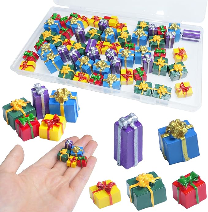 Christmas Miniature Gift Boxes Ornaments,60 Pcs Christmas Tree Mini Resin Presents Charms for Craft Dollhouse and Xmax Mini Decorations