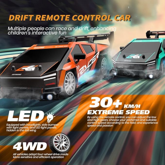 1:24 Scale RC Drift Car, 30KM/H 4WD 2.4GHz Remote Control Cars with LED Light, Racing and 4 Drifting Wheels, High Speed RC Racing Cars Perfect Toy Gift for Teen Adults