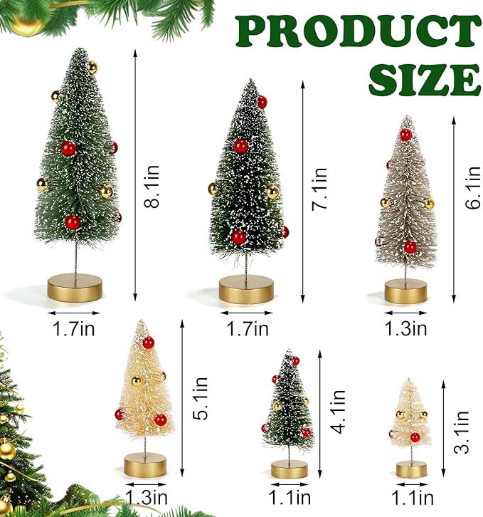 6 Pack Mini Christmas Trees, Small Miniature Frosted Bottle Brush Christmas Tree Decorations Tiny Tabletop Villiage Sisal Trees Decorated with Snow and Beads Winter Holiday Décor Assorted Sizes