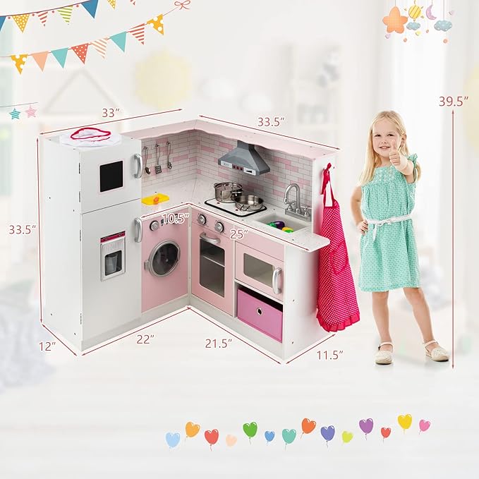 Costzon Kids Corner Play Kitchen, Wooden Pretend Play Kitchen w/Realistic Light & Sound, Washing Machine, Microwave, Ice Maker, Oven & Stove, Little Chef Pretend Toy Kitchen for Boys & Girls