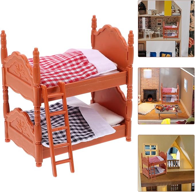 2Pcs Dollhouse Bunk Bed, 4in Mini Calico Bed Furniture, Dollhouse Beds with Ladder, PVC Miniature Doll House Decorative Accessories for Mini Landscape DIY Kit