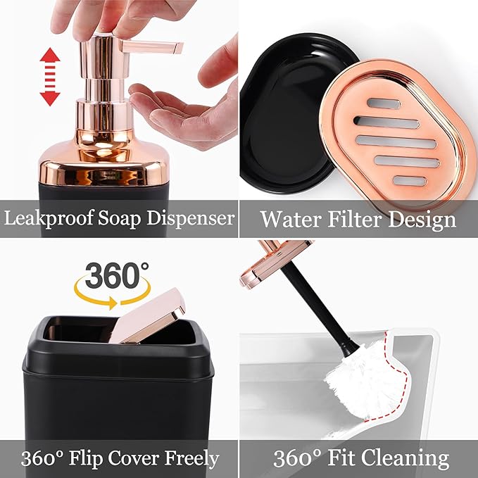 XLHOMO Black Bathroom Accessories, 9-Piece Black Bathroom Set with Trash Can, Vanity Tray, Soap Dispenser, Soap Dish, Toothbrush Holder, Toothbrush Cup, Toilet Brush and Qtip Holders