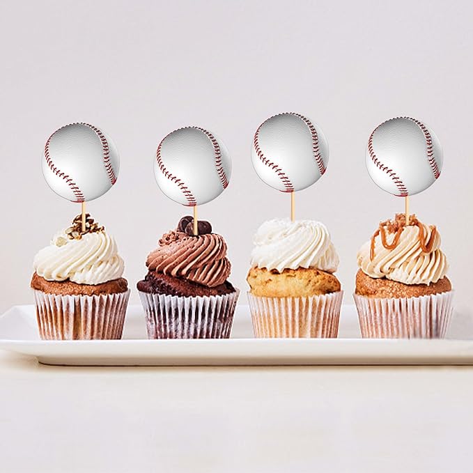 Ercadio 24 Pack Double Sided Base Ball Cupcake Toppers Sports Base Ball Cupcake Picks Base Ball Birthday Cake Decorations Baby Shower Base Ball Sports Theme Party Cake Decoration