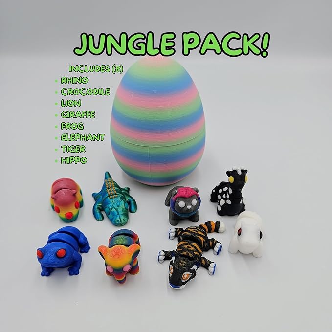 Mystery Mini Animal Packs - 3D Printed Articulating Figurines - Unique and Fun Designs Includes Mystery Egg - Stress Relief (Jungle Pack)