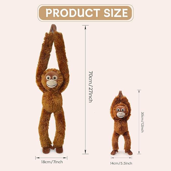 2pcs Orangutans Hanging Stuffed Animal Mother with Baby Hangs Plush Toys, Hooks and Stuffed Animals with Rings for Kids, Gifts for Boys and Girls（Red）