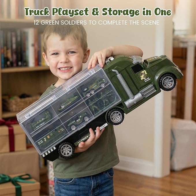 LovesTown 25 in 1 Green Military Big Truck Toys, Army Men Carrier Truck with Tanks & Soldier Men, Battle Vehicles with Lights and Sounds, Birthday Gifts for Boys