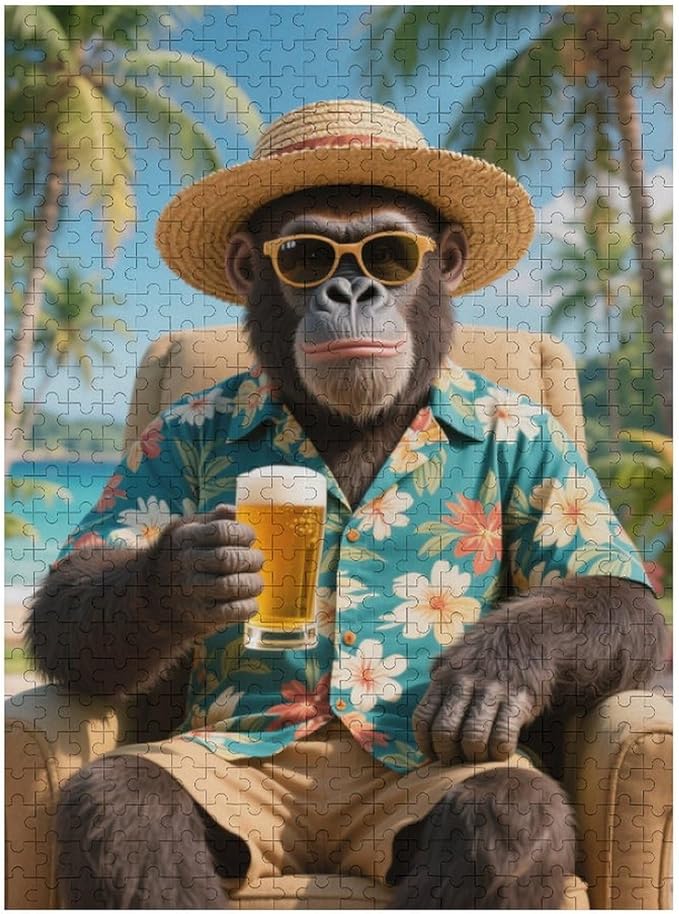 Summer Gorilla – 1000 Piece Jungle Wooden Jigsaw Puzzle, Playful Summer Gorilla Artwork, Brain Teaser, Family Fun, Stress Relief