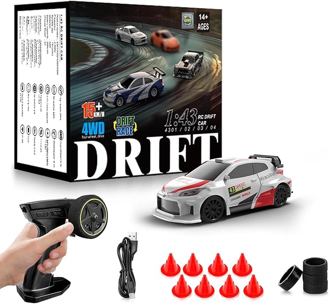 RC Drift car, 1/43 Mini Rc Drift car with Gyroscope, 2.4GHz Full Proportional Remote control Cars, 4WD High Speed Racing with Lights, Racing Tires, Model Cars Gift for Adults, Kids, Boys, Girls