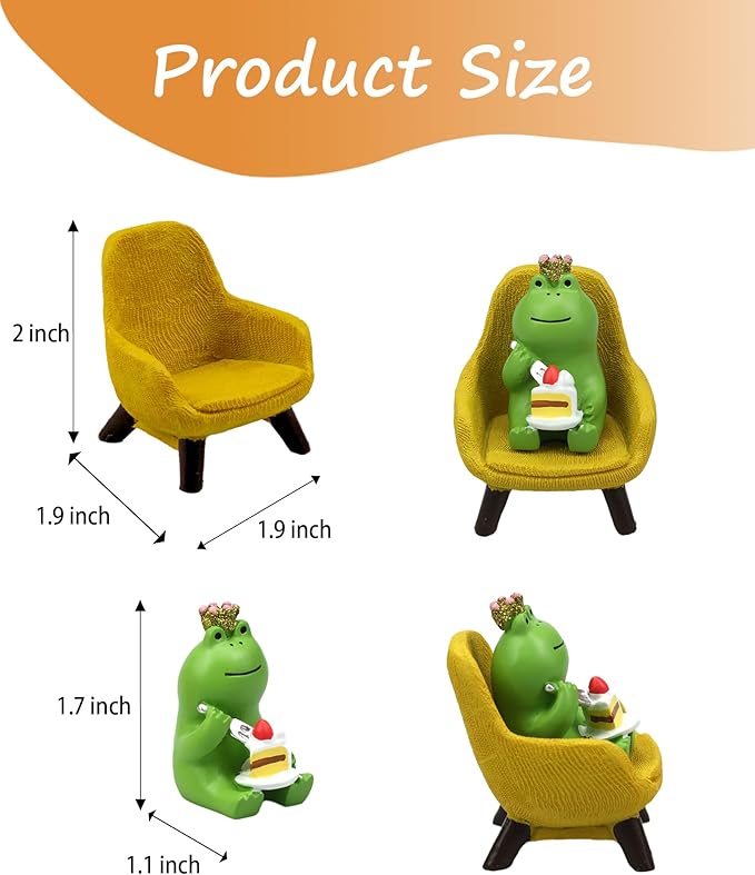 Miniature Frog Eating Cake Figurine - Funny Shelf Desk Decoration - Perfect Cute Frog Gift (Yellow Sofa)