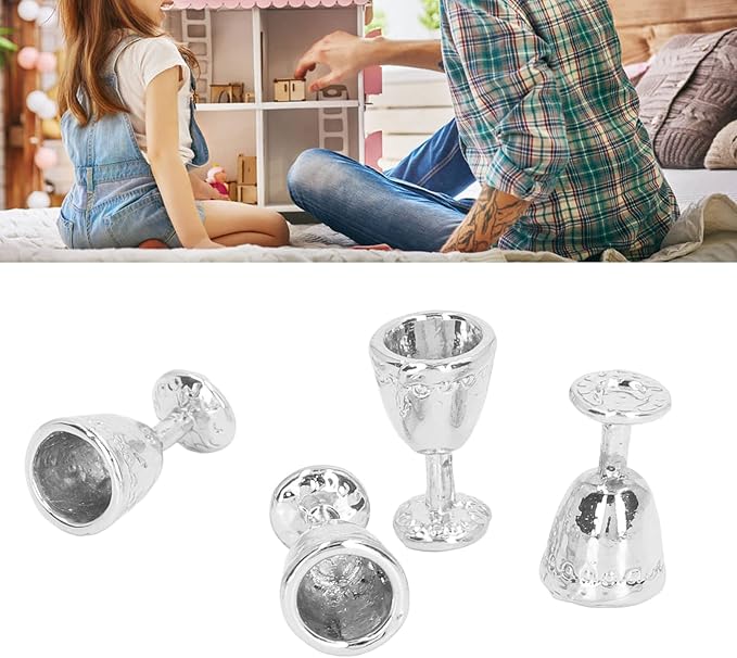 Hosi Miniature Wine Goblet Cup, Alloy Charming Exquisite Robust Dollhouse Mini Champagne Cup Simulation 1:12 Dollhouse (4 Silver)