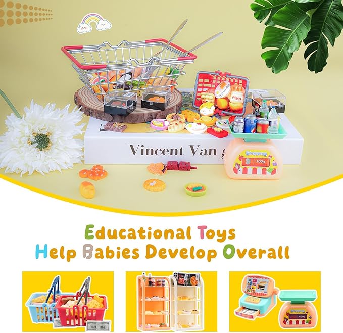 199PCS Mini Shopping Basket Cash Register Cake Donuts Storage Box Shelves Miniature Food Drink Toy Supermarket Metal Handcart Dollhouse Store Grocery Dessert Shop Accessories Trolley Party Model