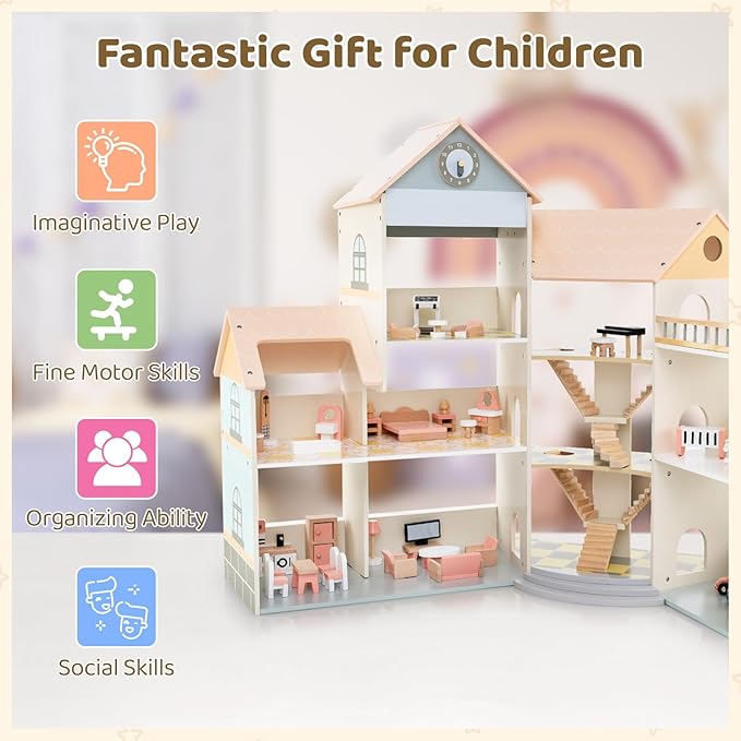 Costzon Wooden Dollhouse for Kids, DIY Pretend Dollhouse Playset w/ 41 Pieces of Furniture & Accessories, 7 Rooms, Balcony Patio & Garage, Corner 3-Story Luxury Doll House, Gift for Kids 3+ Years