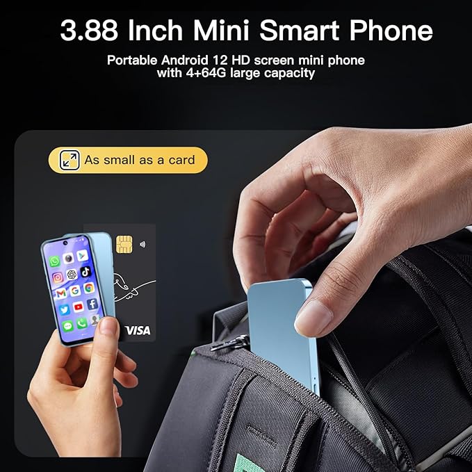 LMZYESHY 4G Unlocked Mini Smartphone, Suitable for Kids and Students, 3.88-Inch HD Touch Screen Mini Phone, 4GB+64GB Storage, Dual SIM Card & Facial Recognition, Lightweight Backup Phone (Blue)