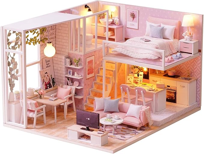 TuKIIE DIY Miniature Dollhouse Kit with Furniture, 1:24 Scale Creative Room Mini Wooden Christmas Doll House Accessories Plus Dust Proof & Music Movement for Kids Teens Adults(Tranquil Life)