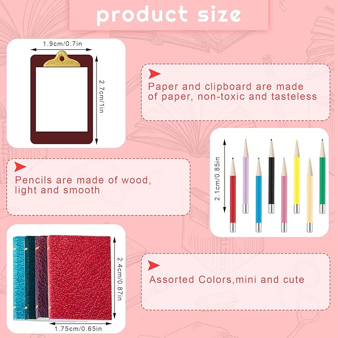 Sumind 4 Pieces Miniature Books with 8 Pcs Pencils and 2 Pcs Clipboards Mini House Decoration Accessories Coloring House Play Set for Miniature Room, DIY Crafting(Simple Style)