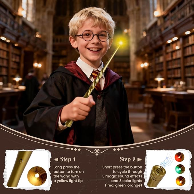 KingGlee Light Up Wizard Magic Wand Set with Sounds & 4 Light Modes – Illuminating Witch Wands for Kids Cosplay Birthday Gift, 2PCS, Golden