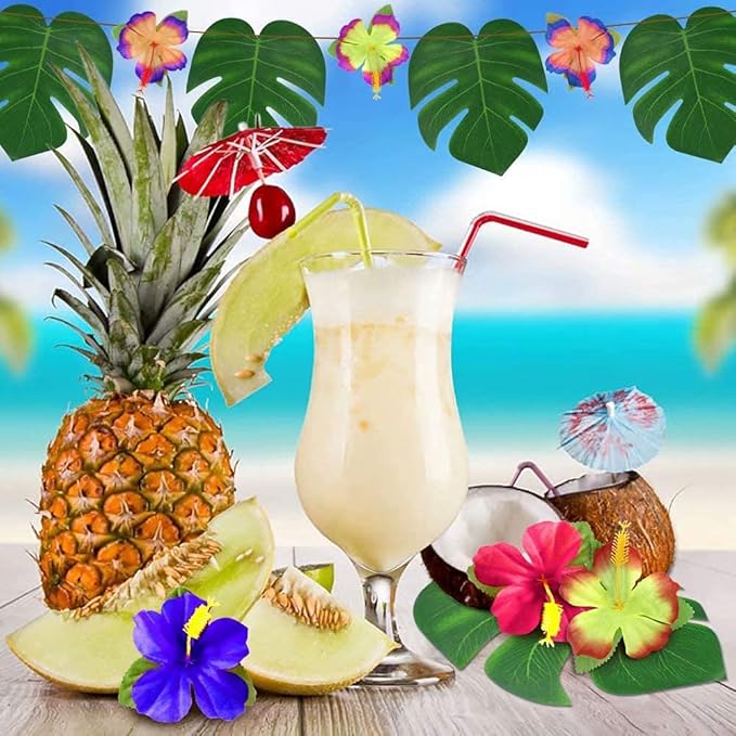 142Pcs Luau Party Decorations Fake Plant Palm Leave Monstera With Stems Hibiscus Flowers Artificial Tropical Leaves for Hawaiian Luau Safari Jungle Beach Wedding Birthday Theme Party Table Decorations