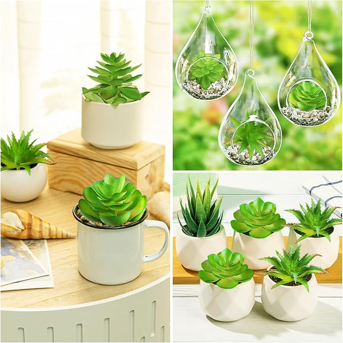 PietyPet Fake Succulent Plants, 6pcs Mini Green Succulent Plants Faux, Artificial Succulents Plants for DIY Crafting Home Floral Wall Office Decoration (excluding pots)