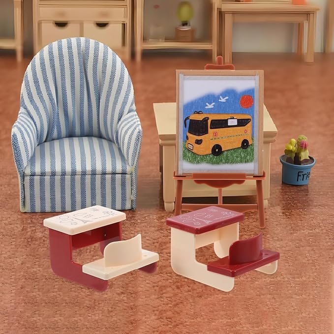 Garneck Miniature Classroom Model Set with Desk Chair and Chalkboard Mini House Decor for Crafts Dollhouse Accessories and Desktop Decoration